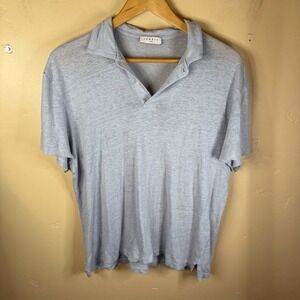 Sandro Paris Mens Linen Baby Blue Size Large Polo Small Flaw Preppy Grunge Boho